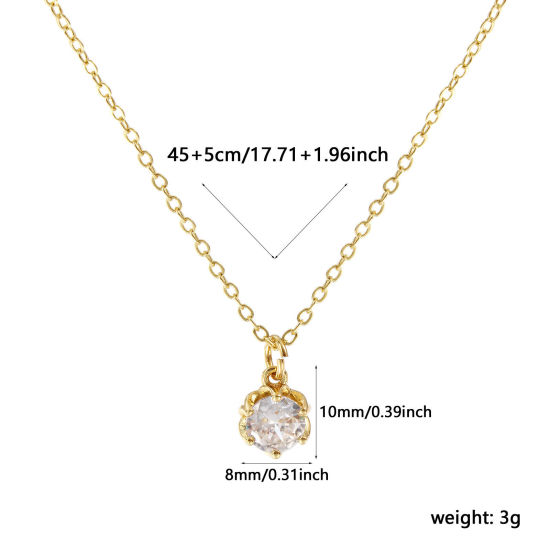 Image de Collier à Breloques Fleur Plaqué Or Véritable 18K en Laiton Pour Femmes, Chaîne Maille Forçat 45cm + 5cm, à Zircone Cubique Clair Micro Pave, Exquis À la Mode Cadeau, Respectueux de la Nature, 1 Pièce