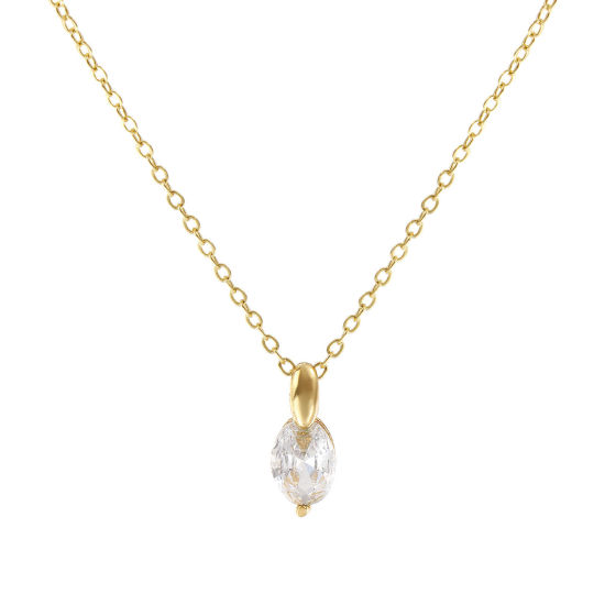Image de Collier à Breloques Ovale Plaqué Or Véritable 18K en Laiton Pour Femmes, Chaîne Maille Forçat 45cm + 5cm, à Zircone Cubique Clair Micro Pave, Exquis À la Mode Cadeau, Respectueux de la Nature, 1 Pièce