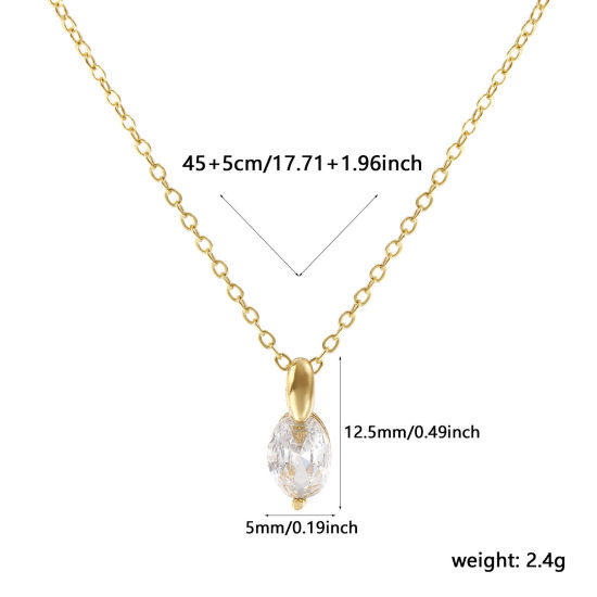 Image de Collier à Breloques Ovale Plaqué Or Véritable 18K en Laiton Pour Femmes, Chaîne Maille Forçat 45cm + 5cm, à Zircone Cubique Clair Micro Pave, Exquis À la Mode Cadeau, Respectueux de la Nature, 1 Pièce
