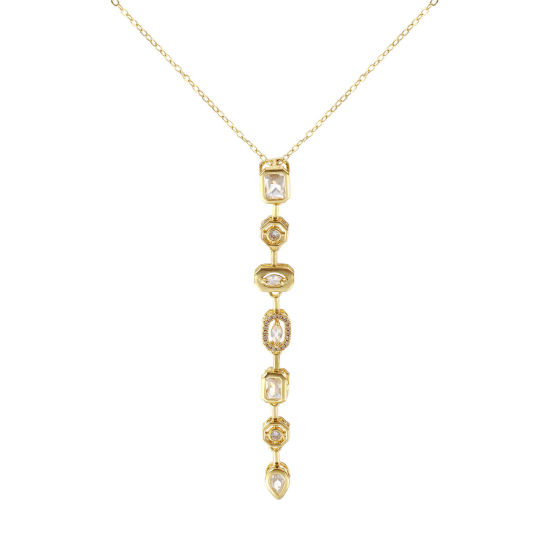 Image de Collier à Breloques Franges Pompons Glands Plaqué Or Véritable 18K en Laiton Pour Femmes, Chaîne Maille Forçat 46cm + 6cm, à Zircone Cubique Clair Mobile, Exquis À la Mode Cadeau, Respectueux de la Nature, 1 Pièce