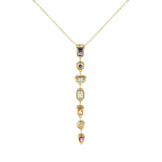 Image de Collier à Breloques Franges Pompons Glands Plaqué Or Véritable 18K en Laiton Pour Femmes, Chaîne Maille Forçat 46cm + 6cm, à Zircone Cubique Multicolore Mobile, Exquis À la Mode Cadeau, Respectueux de la Nature, 1 Pièce