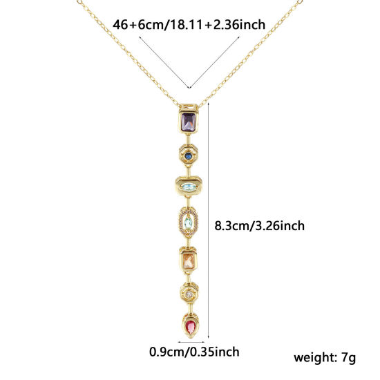 Image de Collier à Breloques Franges Pompons Glands Plaqué Or Véritable 18K en Laiton Pour Femmes, Chaîne Maille Forçat 46cm + 6cm, à Zircone Cubique Multicolore Mobile, Exquis À la Mode Cadeau, Respectueux de la Nature, 1 Pièce