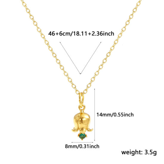 Image de Collier à Breloques Fleur de Muguet Plaqué Or Véritable 18K en Laiton Pour Femmes, Chaîne Maille Forçat 46cm + 6cm, à Zircone Cubique Vert Foncé mai Élégant Pierres de Naissance Cadeau, Respectueux de la Nature, 1 Pièce