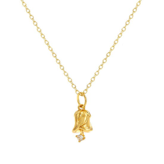 Image de Collier à Breloques Rose Plaqué Or Véritable 18K en Laiton Pour Femmes, Chaîne Maille Forçat 46cm + 6cm, à Zircone Cubique Clair juin Élégant Pierres de Naissance Cadeau, Respectueux de la Nature, 1 Pièce