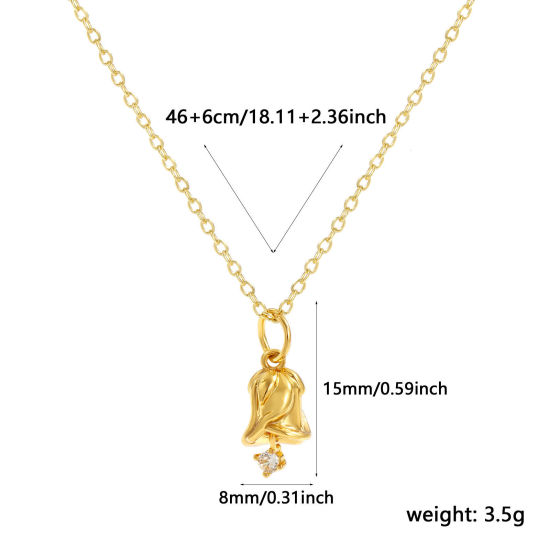 Image de Collier à Breloques Rose Plaqué Or Véritable 18K en Laiton Pour Femmes, Chaîne Maille Forçat 46cm + 6cm, à Zircone Cubique Clair juin Élégant Pierres de Naissance Cadeau, Respectueux de la Nature, 1 Pièce