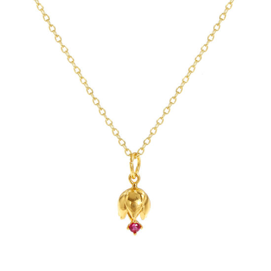 Image de Collier à Breloques Fleur de Lotus Plaqué Or Véritable 18K en Laiton Pour Femmes, Chaîne Maille Forçat 46cm + 6cm, à Zircone Cubique Fuchsia juillet Élégant Pierres de Naissance Cadeau, Respectueux de la Nature, 1 Pièce