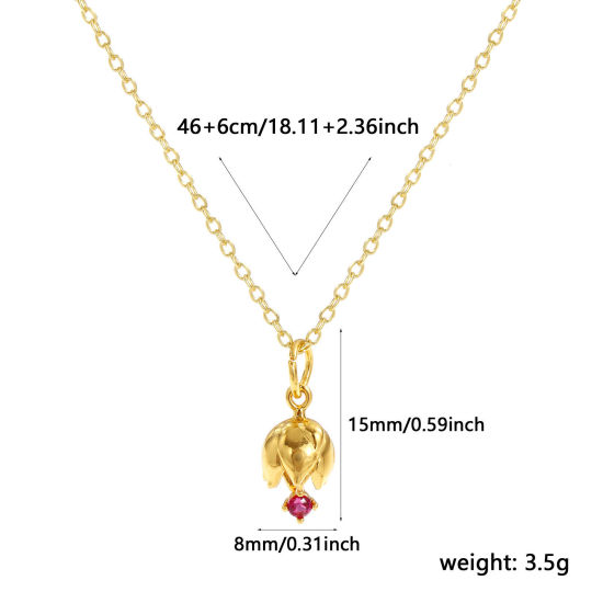 Image de Collier à Breloques Fleur de Lotus Plaqué Or Véritable 18K en Laiton Pour Femmes, Chaîne Maille Forçat 46cm + 6cm, à Zircone Cubique Fuchsia juillet Élégant Pierres de Naissance Cadeau, Respectueux de la Nature, 1 Pièce