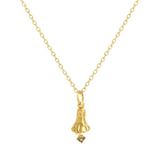 Image de Collier à Breloques Fleur Glaïeu Plaqué Or Véritable 18K en Laiton Pour Femmes, Chaîne Maille Forçat 46cm + 6cm, à Zircone Cubique Olivacé août Élégant Pierres de Naissance Cadeau, Respectueux de la Nature, 1 Pièce