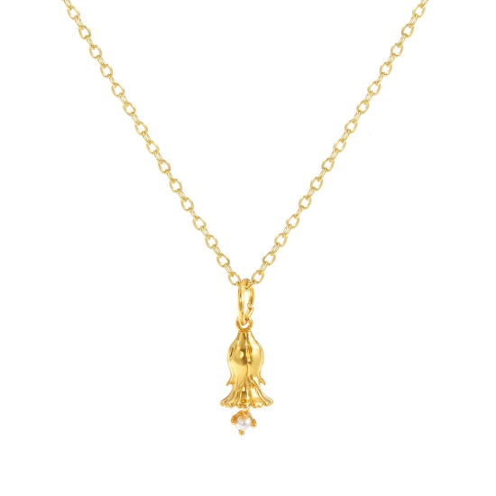 Image de Collier à Breloques Fleur de Cosmos Plaqué Or Véritable 18K en Laiton Pour Femmes, Chaîne Maille Forçat 46cm + 6cm, octobre Blanc Imitation Perles, Élégant Pierres de Naissance Cadeau, Respectueux de la Nature, 1 Pièce