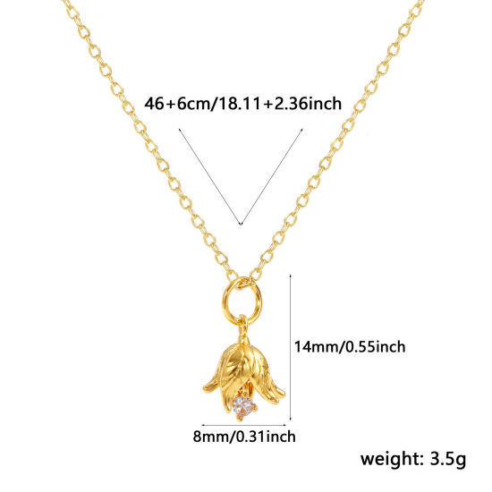 Image de Collier à Breloques Fleur de Poinsettia Plaqué Or Véritable 18K en Laiton Pour Femmes, Chaîne Maille Forçat 46cm + 6cm, à Zircone Cubique Clair décembre Élégant Pierres de Naissance Cadeau, Respectueux de la Nature, 1 Pièce