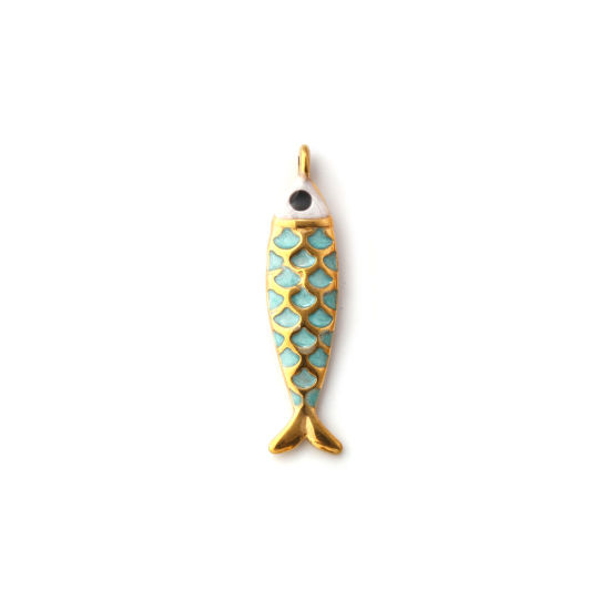 Picture of 1 Piece Eco-friendly PVD Vacuum Plating 304 Stainless Steel Ocean Jewelry Charms 18K Gold Plated Mint Green Enamel Fish Animal Pearlized 26mm x 6mm