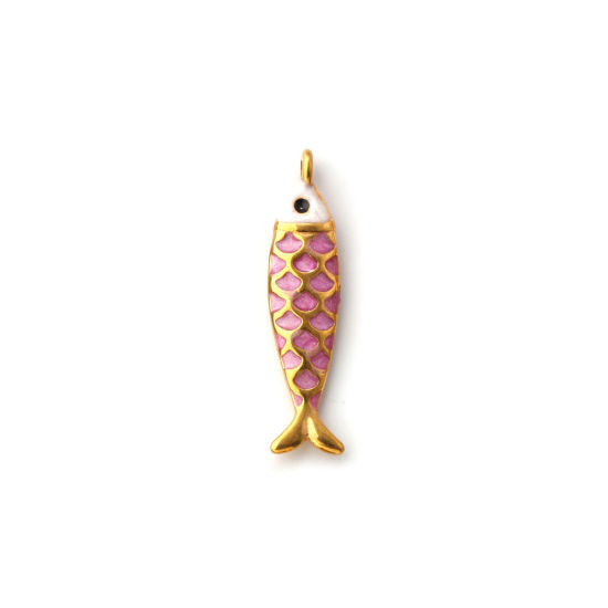 Picture of 1 Piece Eco-friendly PVD Vacuum Plating 304 Stainless Steel Ocean Jewelry Charms 18K Gold Plated Mauve Enamel Fish Animal Pearlized 26mm x 6mm