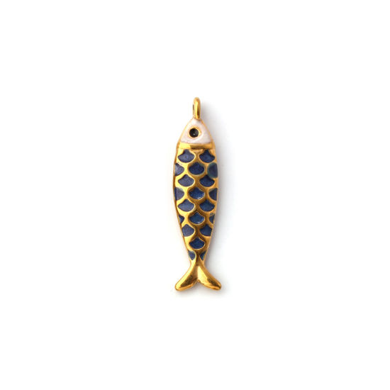 Picture of 1 Piece Eco-friendly PVD Vacuum Plating 304 Stainless Steel Ocean Jewelry Charms 18K Gold Plated Dark Blue Enamel Fish Animal Pearlized 26mm x 6mm