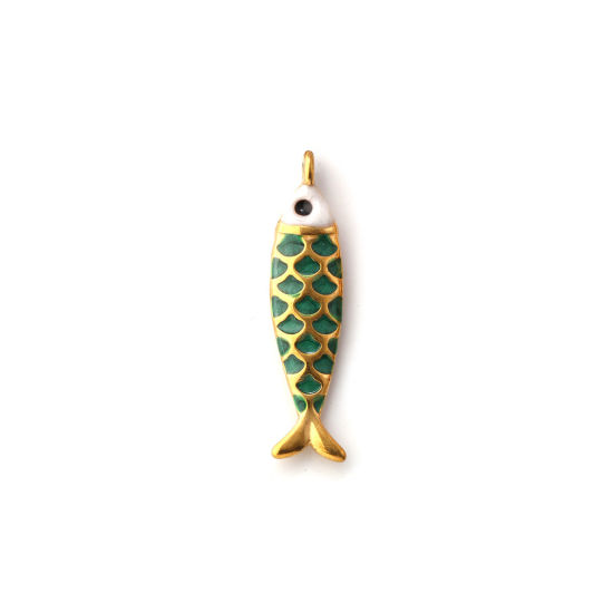 Picture of 1 Piece Eco-friendly PVD Vacuum Plating 304 Stainless Steel Ocean Jewelry Charms 18K Gold Plated Green Enamel Fish Animal Pearlized 26mm x 6mm