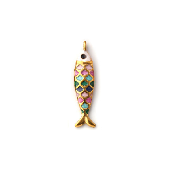 Picture of 1 Piece Eco-friendly PVD Vacuum Plating 304 Stainless Steel Ocean Jewelry Charms 18K Gold Plated Multicolor Enamel Fish Animal Pearlized 26mm x 6mm