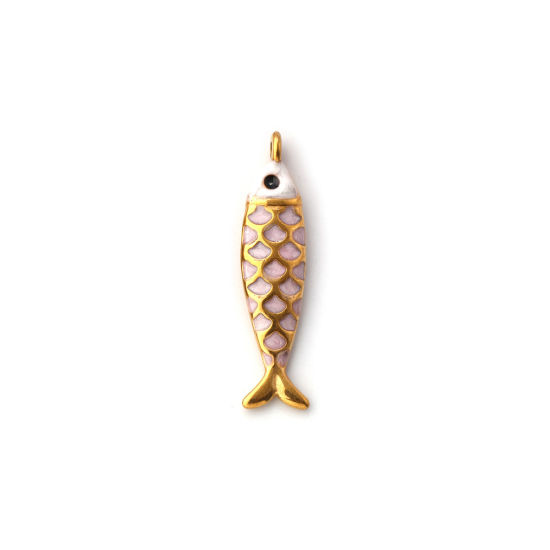 Picture of 1 Piece Eco-friendly PVD Vacuum Plating 304 Stainless Steel Ocean Jewelry Charms 18K Gold Plated Light Pink Enamel Fish Animal Pearlized 26mm x 6mm