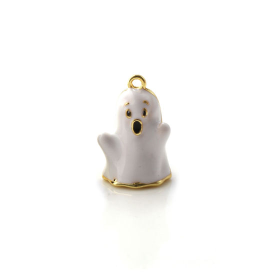 Picture of 1 Piece Brass Charms 18K Gold Plated White Enamel Halloween Ghost 3D 15mm x 10mm