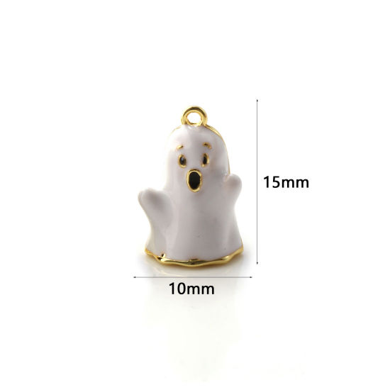 Picture of 1 Piece Brass Charms 18K Gold Plated White Enamel Halloween Ghost 3D 15mm x 10mm