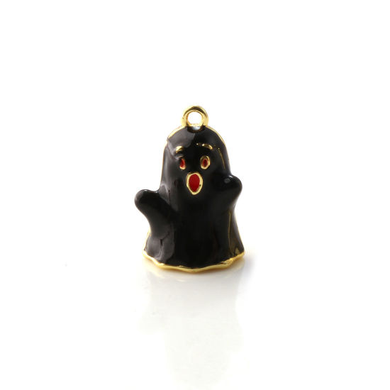 Picture of 1 Piece Brass Charms 18K Gold Plated Black Enamel Halloween Ghost 3D 15mm x 10mm