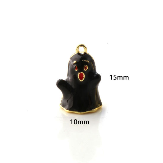 Picture of 1 Piece Brass Charms 18K Gold Plated Black Enamel Halloween Ghost 3D 15mm x 10mm