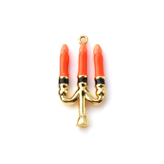 Picture of 1 Piece Brass Halloween Charms 18K Gold Plated Orange Enamel Candle 3D 27mm x 14mm