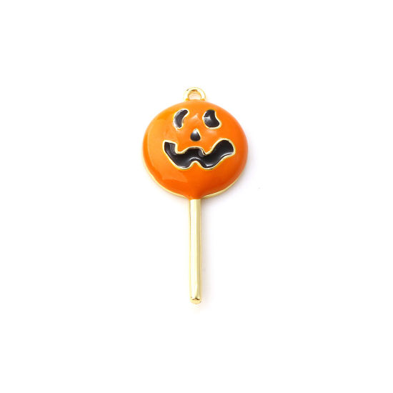 Picture of 1 Piece Brass Halloween Pendants 18K Gold Plated Orange Enamel Lollipop Ghost Face 3D 3.1cm x 1.4cm