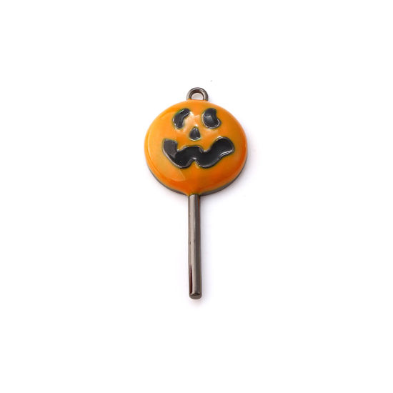 Picture of 1 Piece Brass Halloween Pendants Black Orange Enamel Lollipop Ghost Face 3D 3.1cm x 1.4cm