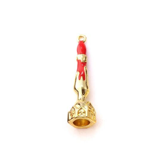 Picture of 1 Piece Brass Halloween Pendants 18K Gold Plated Red Enamel Candle 3D 3cm x 0.8cm