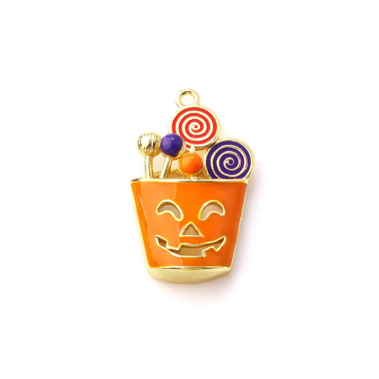 Picture of 1 Piece Brass Halloween Charms 18K Gold Plated Orange Enamel Candy Ghost Face 25mm x 15mm