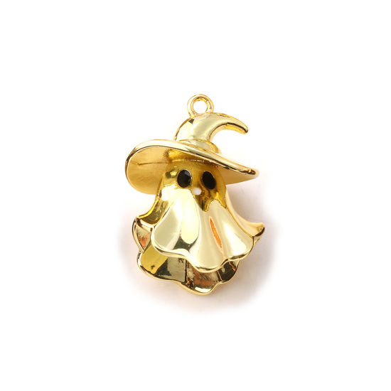 Picture of 1 Piece Brass Charms 18K Gold Plated Enamel Halloween Ghost 3D 22mm x 15mm