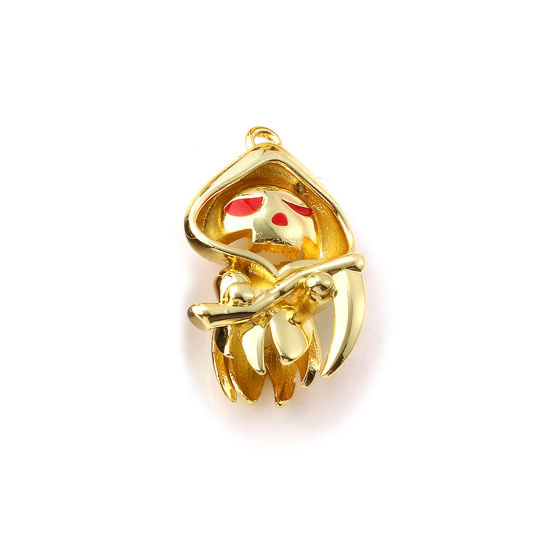 Picture of 1 Piece Brass Halloween Charms 18K Gold Plated Red Enamel Death 3D 23mm x 13mm