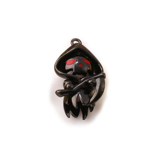 Picture of 1 Piece Brass Halloween Charms Black Enamel Death 3D 23mm x 13mm