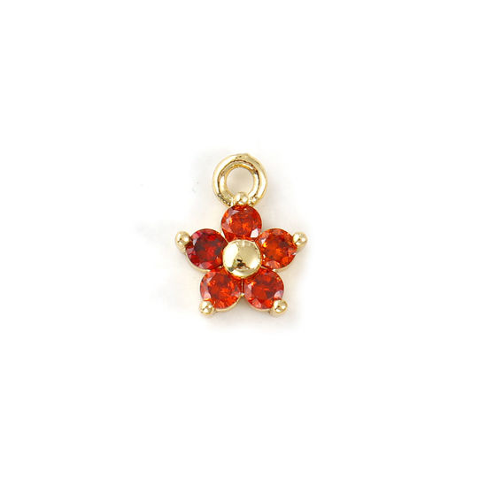 Picture of 2 PCs Brass Birthstone Charms Wholesale 18K Real Gold Plated January Flower Mini Orange-red Cubic Zirconia 10mm x 8mm