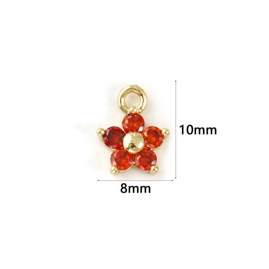 Picture of 2 PCs Brass Birthstone Charms Wholesale 18K Real Gold Plated January Flower Mini Orange-red Cubic Zirconia 10mm x 8mm