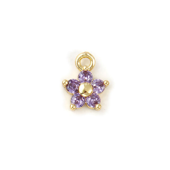 Picture of 2 PCs Brass Birthstone Charms Wholesale 18K Real Gold Plated February Flower Mini Purple Cubic Zirconia 10mm x 8mm