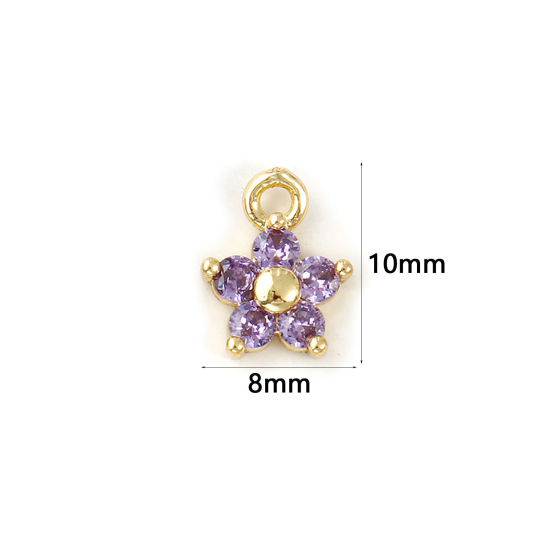 Picture of 2 PCs Brass Birthstone Charms Wholesale 18K Real Gold Plated February Flower Mini Purple Cubic Zirconia 10mm x 8mm
