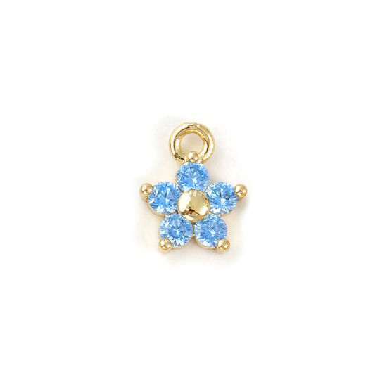 Picture of 2 PCs Brass Birthstone Charms Wholesale 18K Real Gold Plated March Flower Mini Aqua Blue Cubic Zirconia 10mm x 8mm