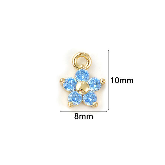 Picture of 2 PCs Brass Birthstone Charms Wholesale 18K Real Gold Plated March Flower Mini Aqua Blue Cubic Zirconia 10mm x 8mm