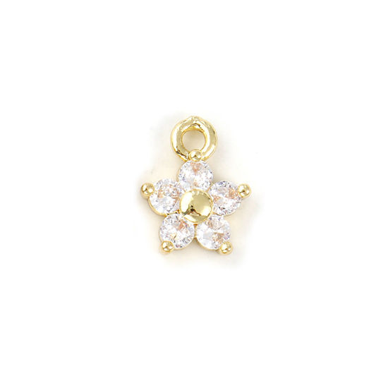 Picture of 2 PCs Brass Birthstone Charms Wholesale 18K Real Gold Plated April Flower Mini Clear Cubic Zirconia 10mm x 8mm