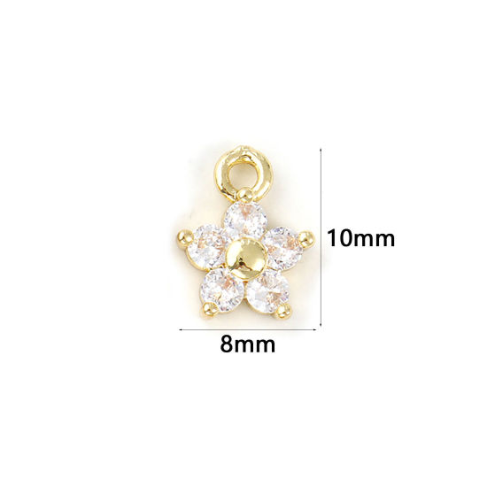 Picture of 2 PCs Brass Birthstone Charms Wholesale 18K Real Gold Plated April Flower Mini Clear Cubic Zirconia 10mm x 8mm