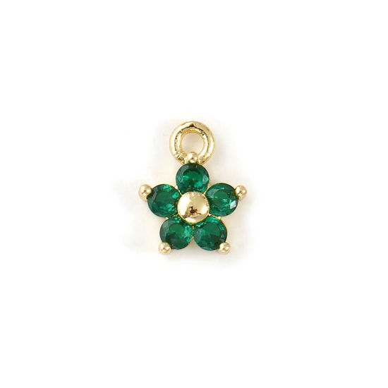 Picture of 2 PCs Brass Birthstone Charms Wholesale 18K Real Gold Plated May Flower Mini Emerald Cubic Zirconia 10mm x 8mm