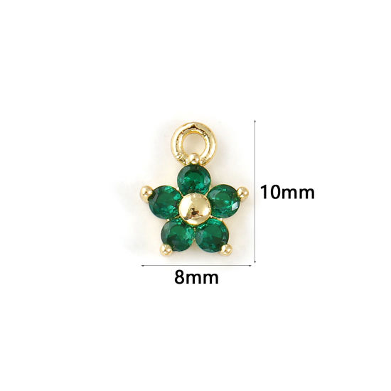 Picture of 2 PCs Brass Birthstone Charms Wholesale 18K Real Gold Plated May Flower Mini Emerald Cubic Zirconia 10mm x 8mm