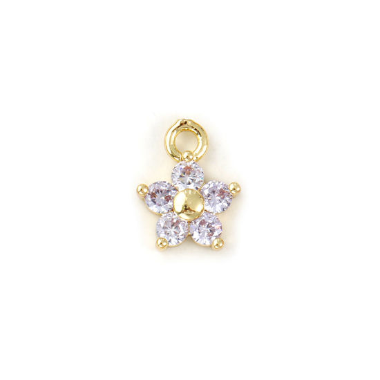 Picture of 2 PCs Brass Birthstone Charms Wholesale 18K Real Gold Plated June Flower Mini Mauve Cubic Zirconia 10mm x 8mm
