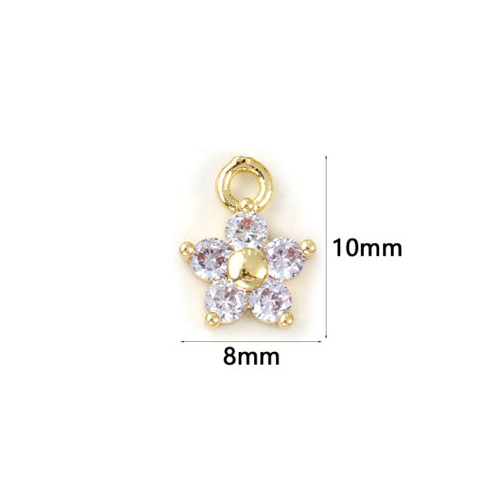 Picture of 2 PCs Brass Birthstone Charms Wholesale 18K Real Gold Plated June Flower Mini Mauve Cubic Zirconia 10mm x 8mm