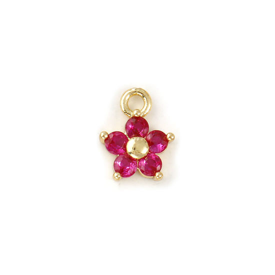 Picture of 2 PCs Brass Birthstone Charms Wholesale 18K Real Gold Plated July Flower Mini Fuchsia Cubic Zirconia 10mm x 8mm