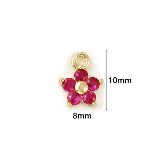 Picture of 2 PCs Brass Birthstone Charms Wholesale 18K Real Gold Plated July Flower Mini Fuchsia Cubic Zirconia 10mm x 8mm