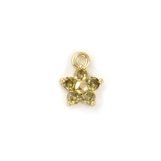 Picture of 2 PCs Brass Birthstone Charms Wholesale 18K Real Gold Plated August Flower Mini Olive Green Cubic Zirconia 10mm x 8mm