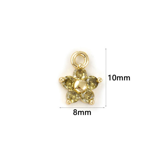Picture of 2 PCs Brass Birthstone Charms Wholesale 18K Real Gold Plated August Flower Mini Olive Green Cubic Zirconia 10mm x 8mm