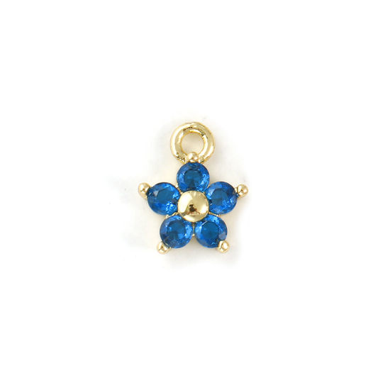 Picture of 2 PCs Brass Birthstone Charms Wholesale 18K Real Gold Plated September Flower Mini Royal Blue Cubic Zirconia 10mm x 8mm