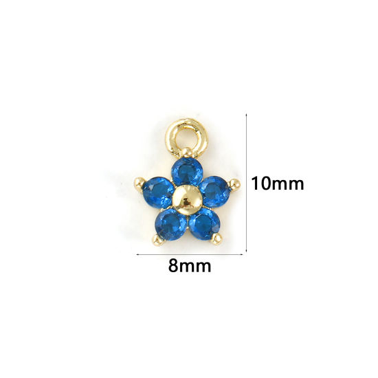 Picture of 2 PCs Brass Birthstone Charms Wholesale 18K Real Gold Plated September Flower Mini Royal Blue Cubic Zirconia 10mm x 8mm